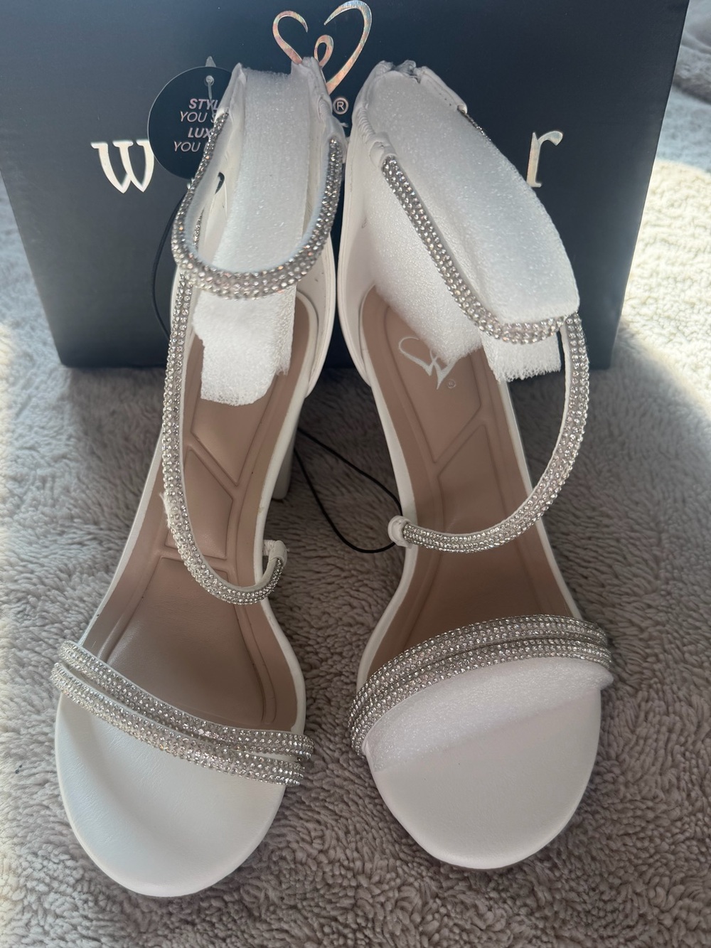 Windsor White Rhinestone Block Heel Sandals Size 6.5 – Ankle Strap, Bridal/Party